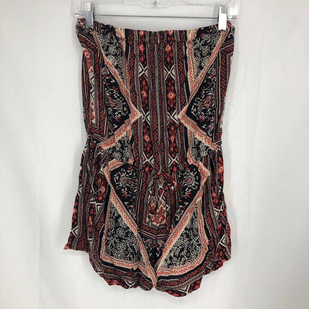 Angie Red Blue Floral Bohemian Strapless Romper Rayon With Pockets Small